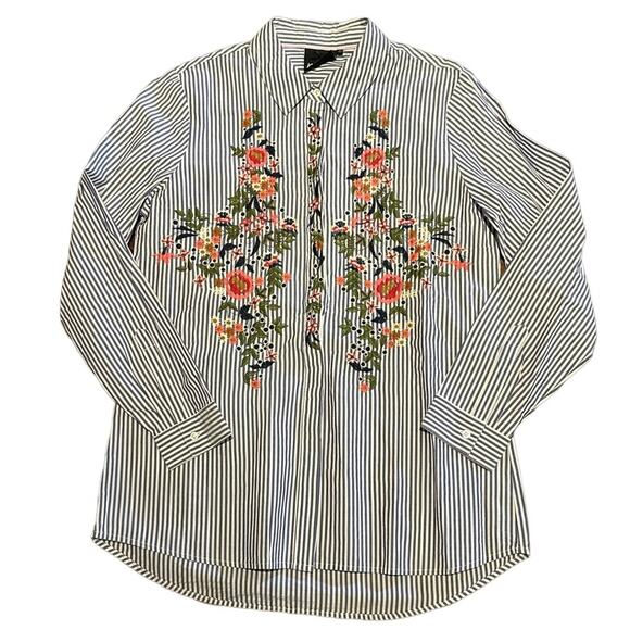 Nanette LePore Women’s Size Large Blue and White Striped Embroidered Blouse - Picture 1 of 7